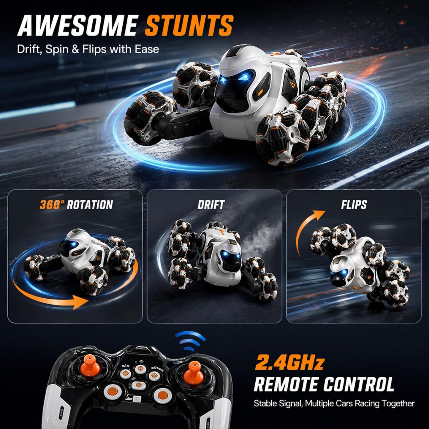 8WD RC Stunt Car with 360° Rotation, Spray & LED