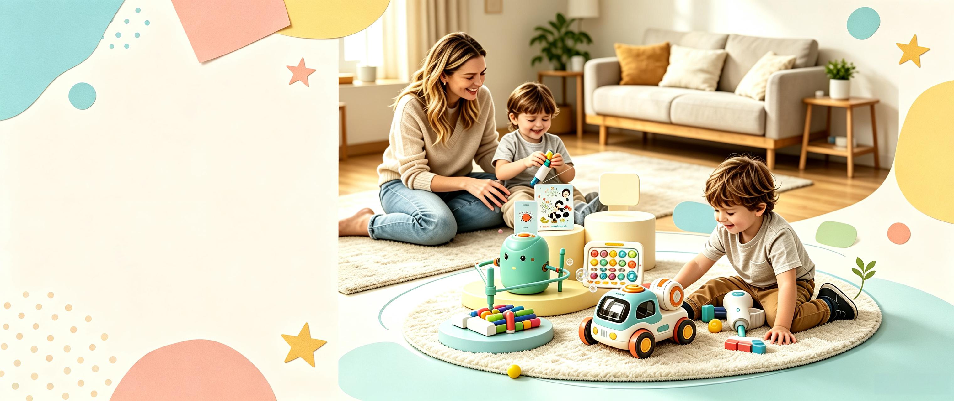 Warm family playtime with educational toys: Mom and kids enjoying interactive learning toys in a cozy living room, promoting child development and playful growth.